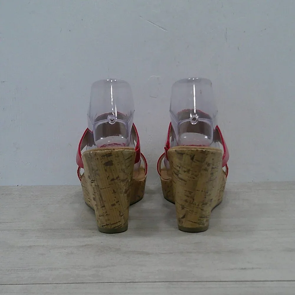 Montego Bay Club Sexy Cherry Red Platform Studded Open Toe Wedge Size 11W | Wide